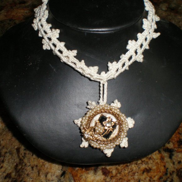 Hand Crocheted Choker Pendant Necklace w/Large Antique Button, Pearls Etc. - Picture 1 of 8